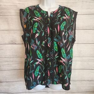 a.n.d. ea wy Women’s Blouse Medium Black Floral Leaf Print Lace Trim Sleeveless